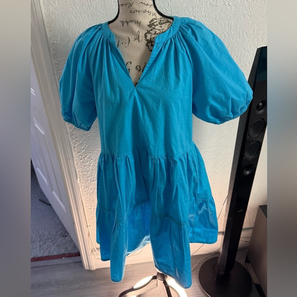 Japna Blue 100% Cotton Tiered Puff Sleeve Dress - S